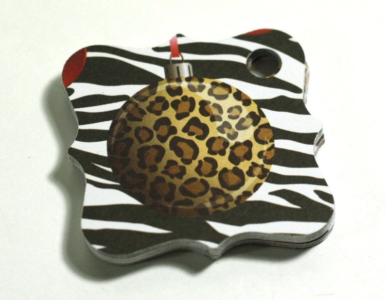 White and Black Fancy Square Retail Store Hang Tag Cards Party Favor Red Animal Print Christmas Ornament Ball Gift Tags: Set of 24 pieces
