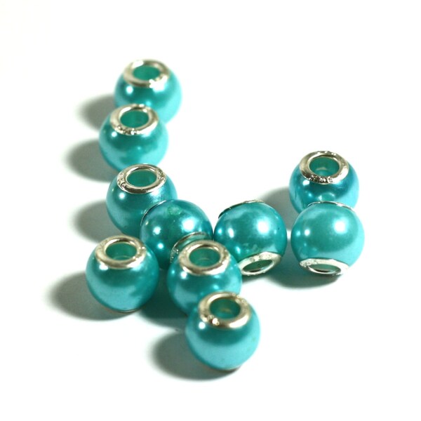 10 Aqua Pearl Acrylic Large Hole 925 silver core Beads - Jewelry Supplies