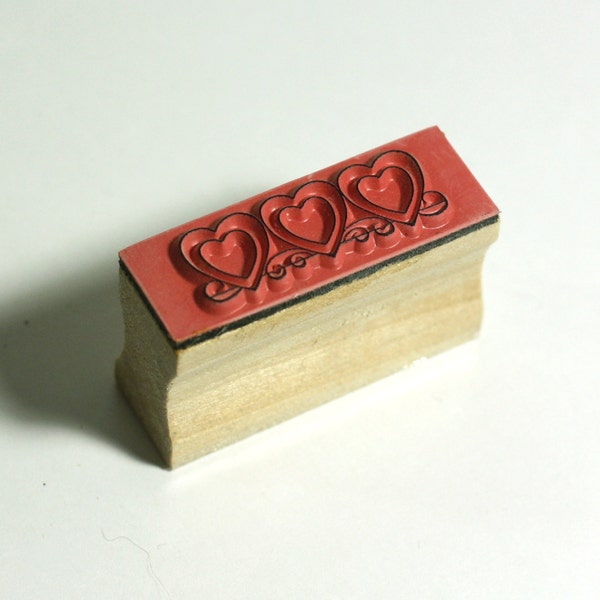 Heart Stamp Block - Three Hearts with Scroll Details Rubber Stamp on Wooden Block