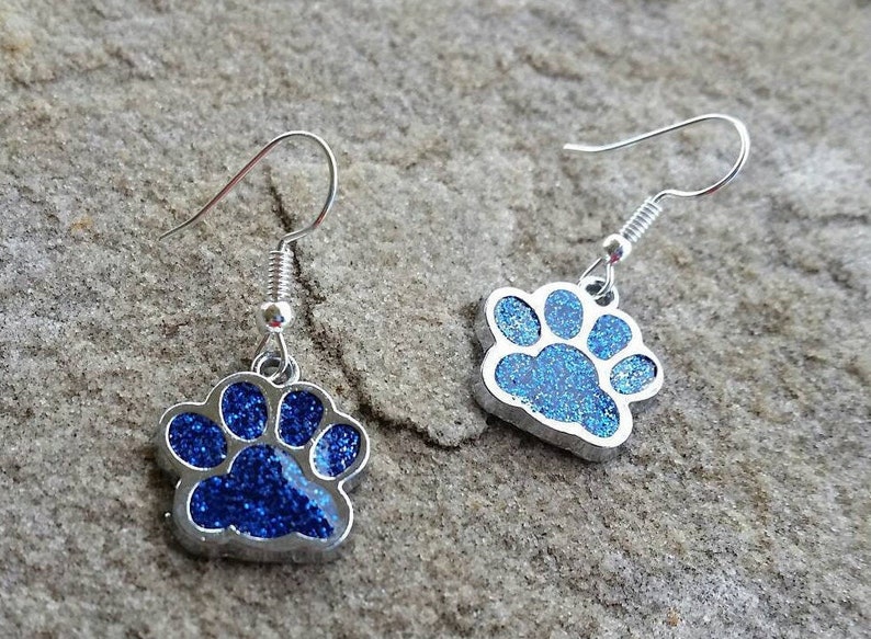 Dog Cat Foot Tween Teens College University Jewelry Wildcats Bears Cubs High School Spirit Mascot Blue Glitter Paw Print Charm Earrings