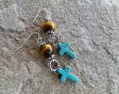 Beautiful Tiger Eye and Blue Turquoise Gemstone Cross Earrings: Southwestern Style Long Dangle Jewelry, Women's Sunday Church Accessories