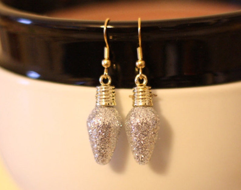 Silver Glitter Christmas Light Bulb Earrings Minature Etsy