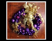 Purple and Gold Christmas Wreath, Shatterproof Purple Ornaments with Gold Ribbon Embellishments and gold glitter bells - handmade by me