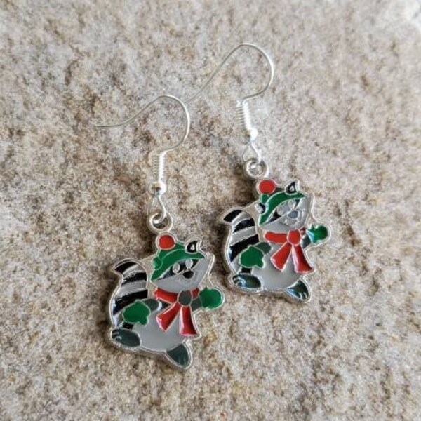 Winter Raccoon Charm Earrings: Fun Holiday Charms, Winter Christmas Jewelry Accessories, Office Party Ugly Sweater Secret Santa Gift Idea