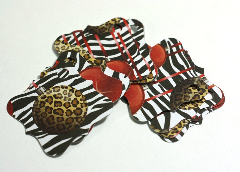 White and Black Fancy Square Retail Store Hang Tag Cards Party Favor Red Animal Print Christmas Ornament Ball Gift Tags: Set of 24 pieces