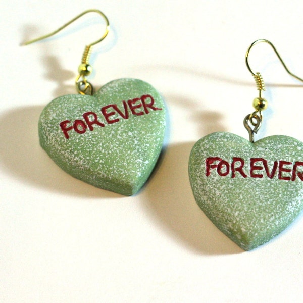 Green Valentine Heart Earrings - Repurposed Ornaments - Clay Earrings - Fashion Earrings - Conversation Heart - FOREVER Green