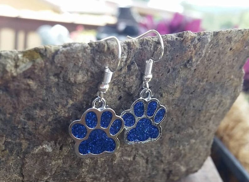 Dog Cat Foot Tween Teens College University Jewelry Wildcats Bears Cubs High School Spirit Mascot Blue Glitter Paw Print Charm Earrings