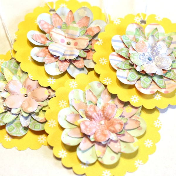 4 Yellow Gift Tags: Spring Flowers Gift tags on Yellow Cardstock with Daisy Accents with Pink, Green, Blue, and Purple Paper Flower Layers
