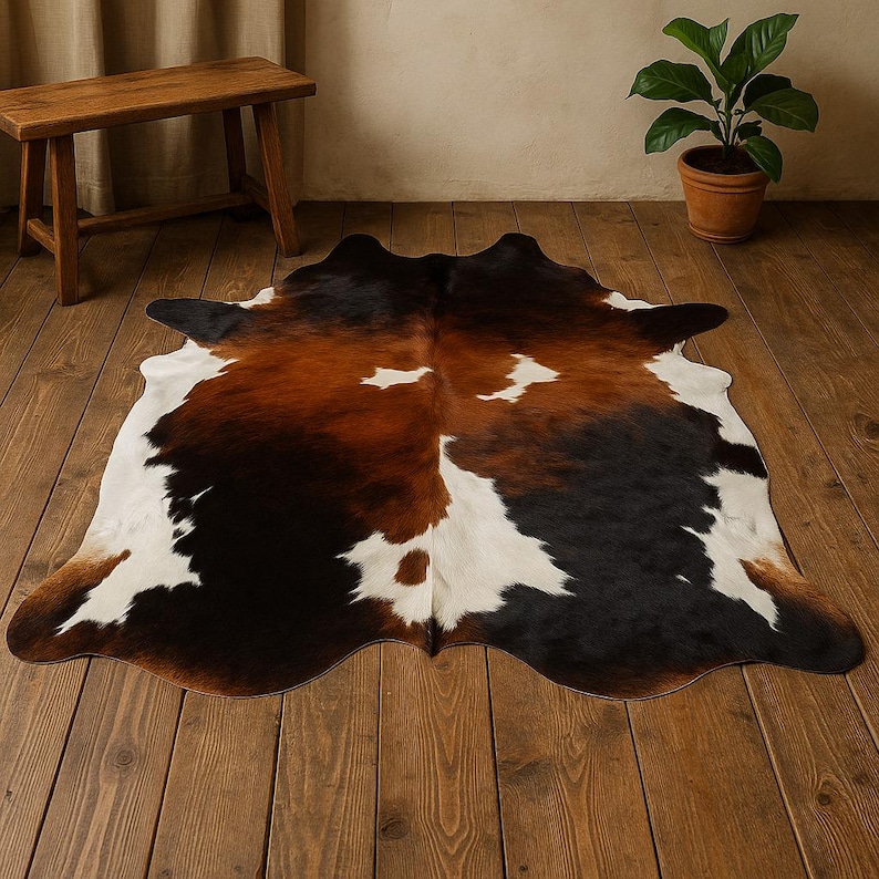 May include: A brown, black, and white cowhide rug with a natural, irregular shape. The rug is laid out on a wooden floor.