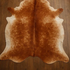 May include: A brown and white cowhide rug with a natural, rustic look. The rug has a light brown background with darker brown patches and a white center.