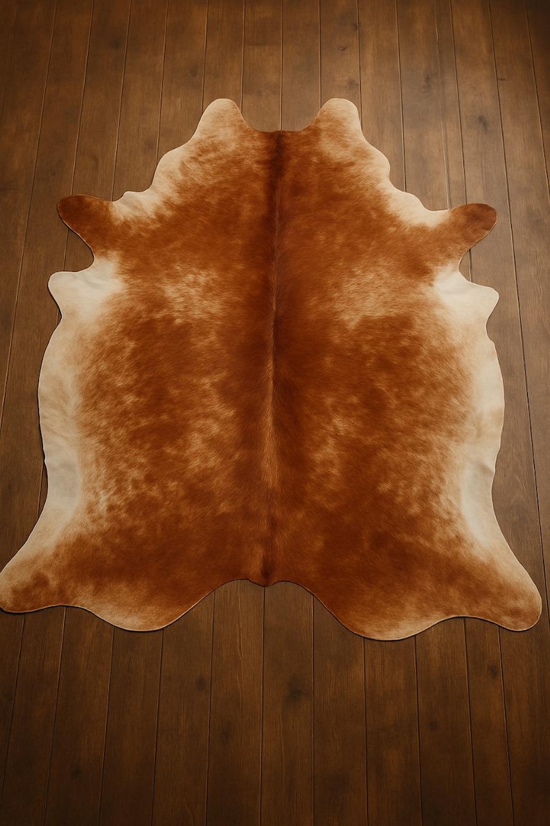 May include: A brown and white cowhide rug with a natural, rustic look. The rug has a light brown background with darker brown patches and a white center.