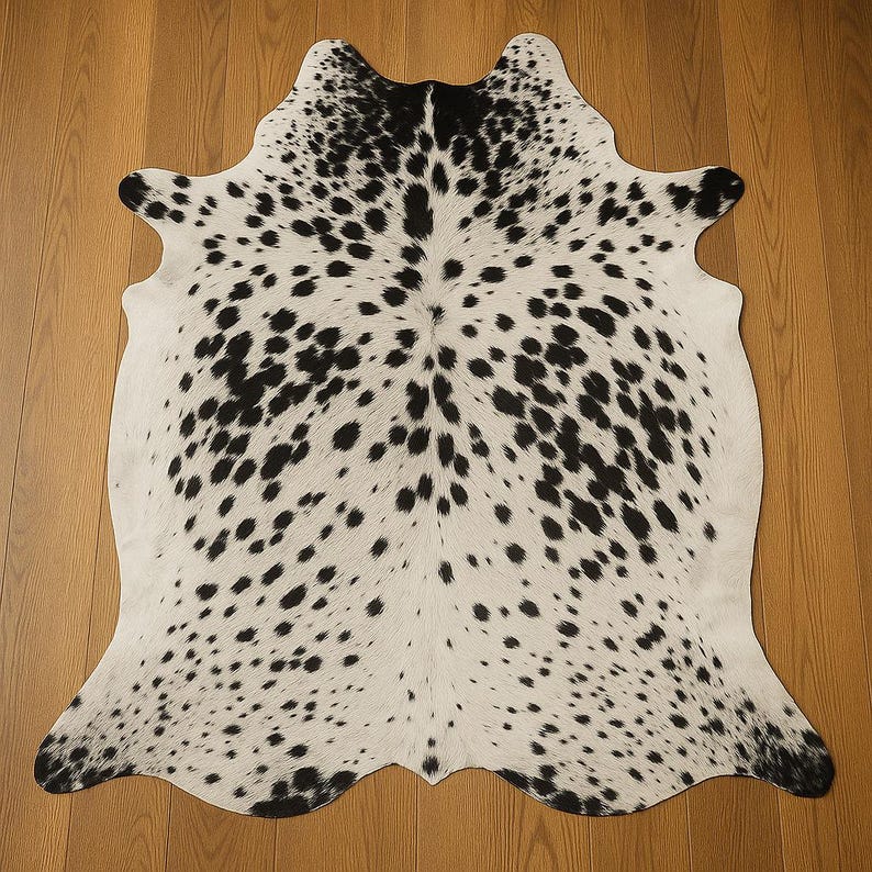 May include: A white cowhide rug with black spots. The rug is a natural hide with a unique pattern.
