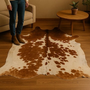 May include: A brown and white cowhide rug with a natural, irregular shape. The rug is laid out on a wooden floor.