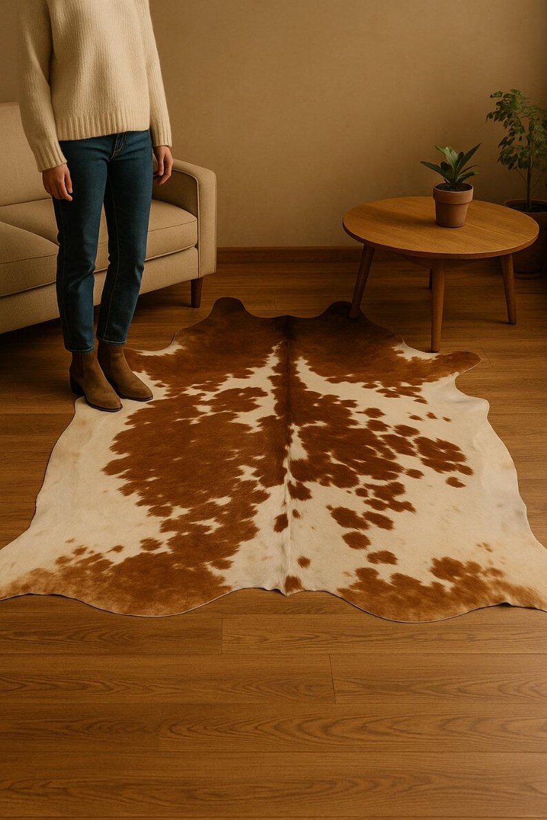 May include: A brown and white cowhide rug with a natural, irregular shape. The rug is laid out on a wooden floor.