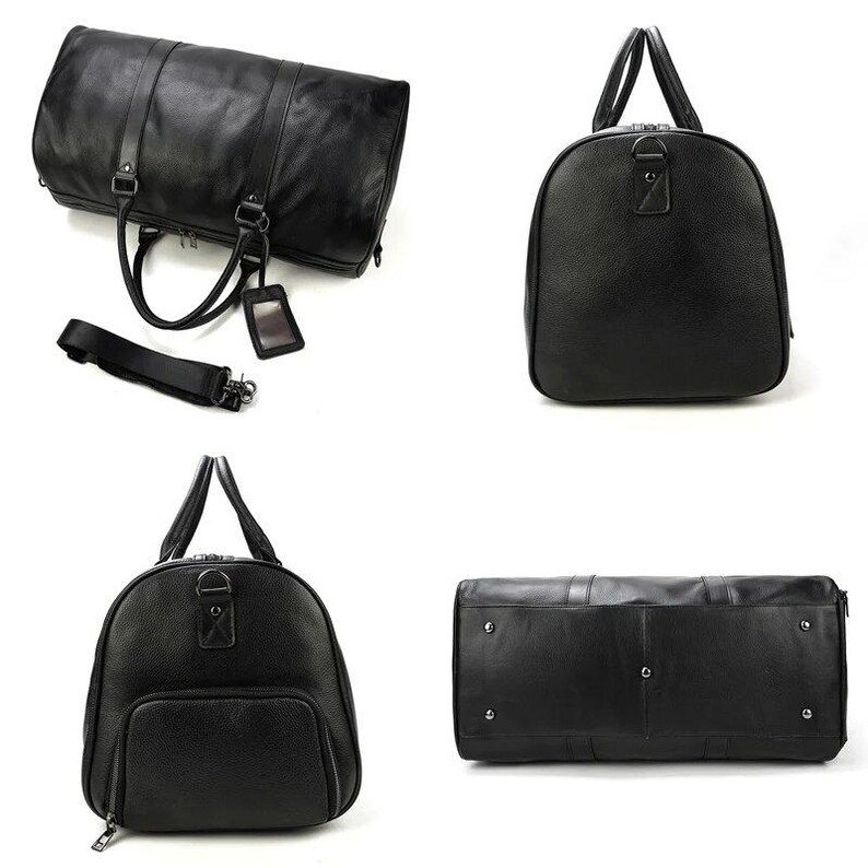 Pu&ograve; includere: Borsa da viaggio in pelle nera con manico superiore, tracolla e diversi scomparti con cerniera. La borsa &egrave; mostrata in quattro viste diverse.