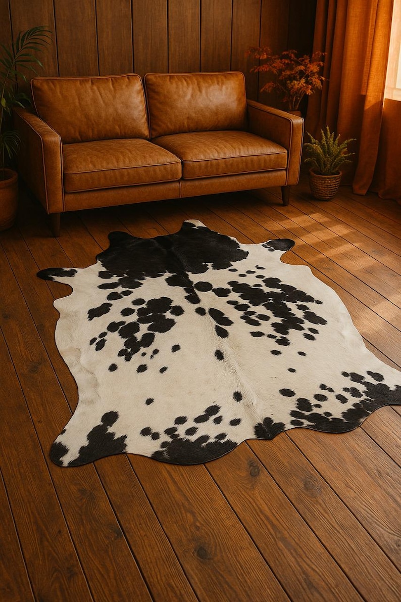 May include: A black and white cowhide rug with a brown leather sofa in the background.