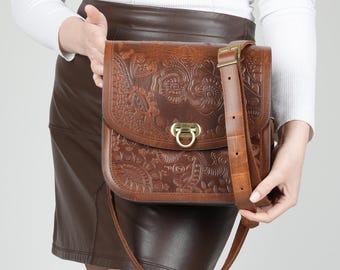 ROSAVIA | Tan Embossed Leather Shoulder Bag | Handmade Full-Grain Leather Crossbody Purse