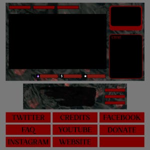 May include: A dark red and black Twitch stream overlay with a large black rectangle in the center for the video feed. The overlay has a chat box, a progress bar, and social media links including Twitter, Facebook, YouTube, Instagram, and a website.