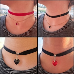Herz Choker Halskette - Verstellbarer Gothic Lolita Schmuck, Roter und Schwarzer Herz Anhänger, Optionen für 2 Ketten oder 2 Ketten, Geschenk für Sie