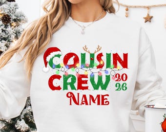 Personalized Cousin Crew Christmas Sweatshirt or Hoodie, Custom Name 2026, Matching Cousins Outfits, Family Holiday Party Gift, Santa Hat