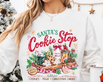 Santa’s Cookie Shop Sweatshirt and Hoodie, Retro Cookies and Milk Christmas Pullover, Vintage Holiday Baking Top, Festive Santa Gift