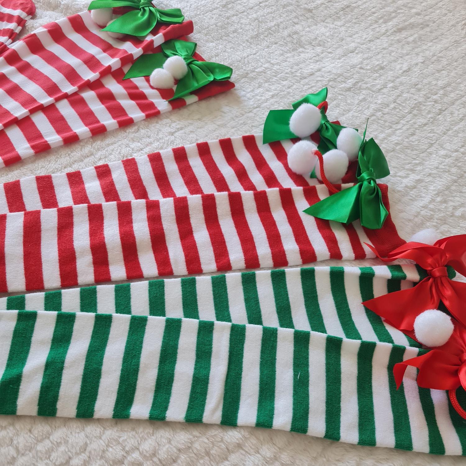 Weihnachtskniestrümpfe Damen 1 Paar – Rot-grün Gestreifte Overknee Socken Mit Bogen, Weich & Festlich