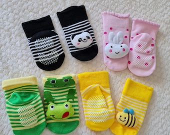 3D Animal Grip Baby Socks for 0-1 Year | Non-Slip Infant Socks with Cute Panda Frog Bunny Bee Designs | Single Pair