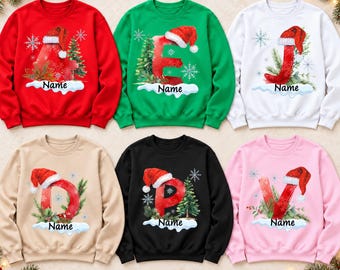 Personalized Christmas Initial Sweatshirt and Hoodie, Custom Name Santa Hat Letter, Matching Family Holiday Outfit, Christmas Gift