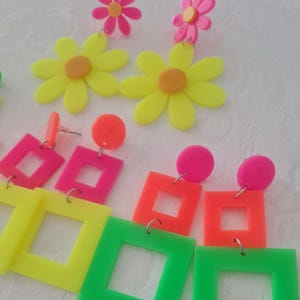 Neon Statement Earrings | Bold Flower & Geometric Dangle Earrings | Y2K Retro Acrylic Jewelry