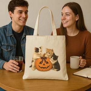 Halloween Kittens Tote Bag – Cute Pumpkin Cat Reusable Trick or Treat Bag – Spooky Fall Gift - Personalized Spooky Fall Gift