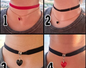 Heart Choker Necklace – Adjustable Gothic Lolita Jewelry, Red & Black Heart Pendant, Layered or Single Chain Options, Gift for Her