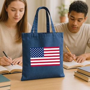 USA Flag Tote Bag – Reusable Cotton Canvas Bag – Patriotic American Flag Tote for Students, Groceries, or Everyday Use