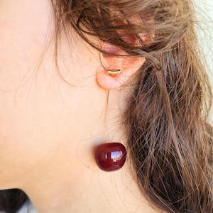 Cherry Drop Earrings – Quirky Red Fruit Statement Earrings – Long Wire Dangle Earrings – Playful Gift for Her
