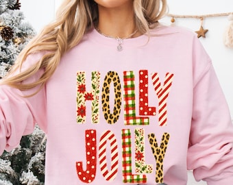 Holly Jolly Christmas Sweatshirt, Faux Patchwork Letter Holiday Crewneck, Leopard Print Christmas Sweater, Festive Graphic Christmas Gift