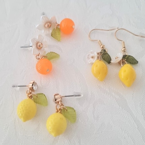 Fruit Earrings | Lemon & Orange Drop Earrings | Cute Citrus Jewelry with Flower or Leaf Charm