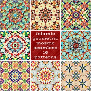 Puede incluir: Una colección de dieciséis patrones de mosaico geométrico islámico sin costuras. Los patrones presentan diseños intrincados con colores vibrantes que incluyen rojo, azul, verde, amarillo y naranja. Los patrones están dispuestos en una cuadrícula, con un bloque de texto central.