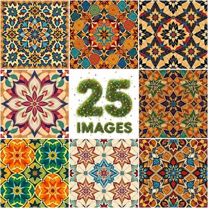 May include: Nine square images showcasing intricate geometric patterns in various colors. The patterns include floral and star-like designs, with a central image displaying the text "25 IMAGES" in a grassy font. The color palette includes blues, oranges, greens, and creams.