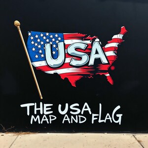 May include: A graphic of the USA map and flag on a black background. The flag is red, white, and blue, with the word "USA" in large, white, outlined letters. A gold-colored pole with a decorative top is positioned to the left.