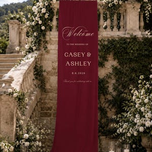 Personalized Burgundy Wedding Scroll Sign, Large Linen Fabric Welcome Banner, Classic Script Chateau Ceremony Decor