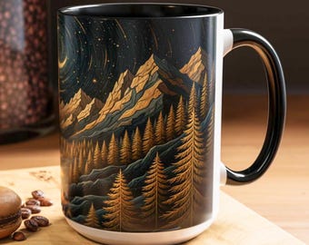 Tazza in vetro colorato – Tazza da caffè Mountain Night, Tazza in ceramica da 15 once ispirata alla natura con paesaggio lunare con albero di pino e mezzaluna