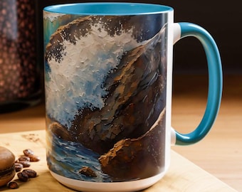 Tazza con onda oceanica per arredo cucina in stile costiero, regalo unico per gli amanti della spiaggia con impasto Sea Art, tazza da caffè in ceramica per gli amanti del mare, 11 oz 15 oz