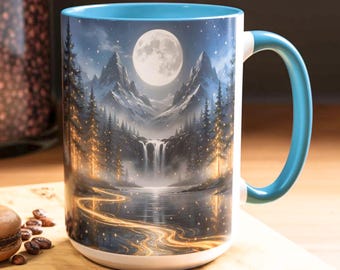 Tazza in vetro colorato con foresta, tazza in ceramica da 15 once per gli amanti della natura, tazza da caffè e tazza da tè ispirate alla natura, decorazione per gli amanti della luna, tazza celeste