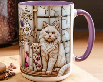 Tazza in vetro colorato con gatto per gli amanti dei libri, tazza da caffè con felino bianco e soffice su una libreria, regalo per gli amanti dei gatti di Dark Academia, tazza in vetro colorato