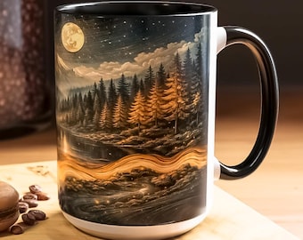 Tazza in vetro colorato effetto legno con foresta, tazza da caffè con decoro rustico di montagna, regalo con paesaggio illuminato dalla luna, stoviglie in stile baita per gli amanti della natura