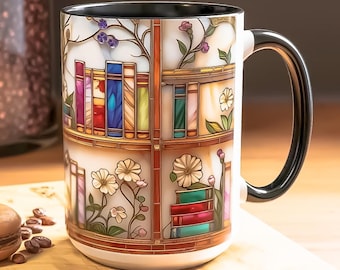 Tazza con libreria in vetro colorato da 11 oz o 15 oz / Tazza da caffè floreale a tema libri, regalo per insegnanti di letteratura, tazza estetica, regalo per appassionati di libri