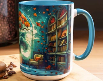 Tazza con libreria floreale e decorazione in vetro colorato, incantevole tazza da caffè con estetica da biblioteca, tazza unica per amanti dei libri e regalo letterario 11 oz 15 oz