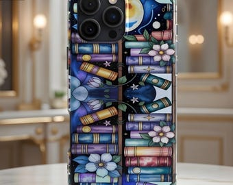 Custodia per telefono Bookish – Design di libreria floreale in vetro colorato per lettori, custodia per telefono esteticamente letteraria