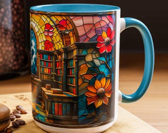 Tazza da libreria in vetro colorato, tazza da caffè floreale con motivi libreschi, decorazione da biblioteca Cottagecore, regalo per amanti dei libri, tazza da lettore estetico, tazza da 11 oz e 15 oz