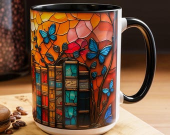 Tazza da libreria in vetro colorato con farfalle blu / Regalo bibliofilo per amanti dei libri, tazza letteraria, tazza per amanti dei libri, tazza floreale in vetro colorato