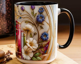 Tazza da libreria con vetrate artistiche e motivi floreali – Tazza da lettura per amanti dei libri, tazza da caffè con estetica da biblioteca, regalo per amanti dei libri, 11 oz 15 oz